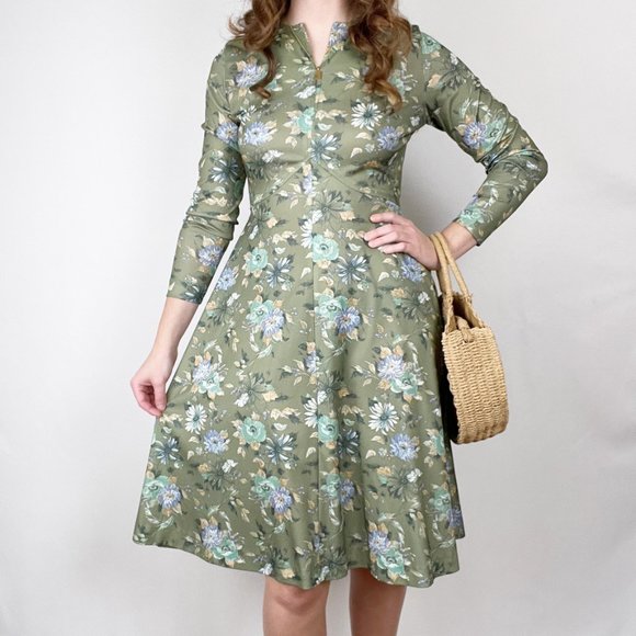 Vintage Union Made 60s 70s Floral Midi Dress Long Sleeve Fit & Flare Romantic - Picture 5 of 8